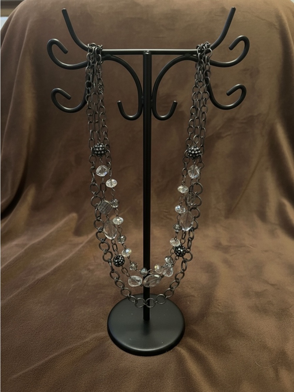 Avenue Layered Chain Necklace Gunmetal Crystal Multi Strand Statement
